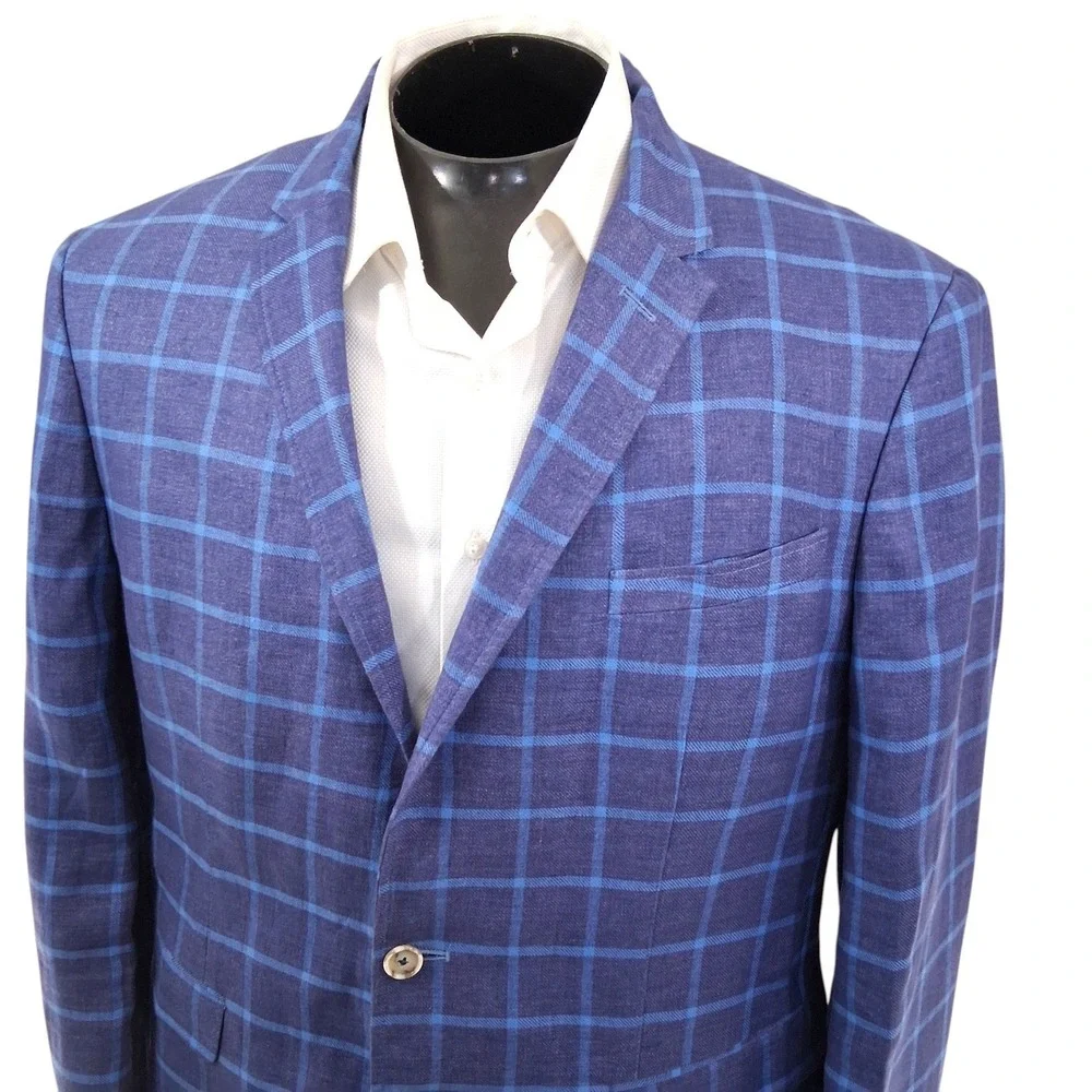 Sand Copenhagen Blazer 42R / 54EU Blue Windowpane Sherman 100% Linen Sport Coat